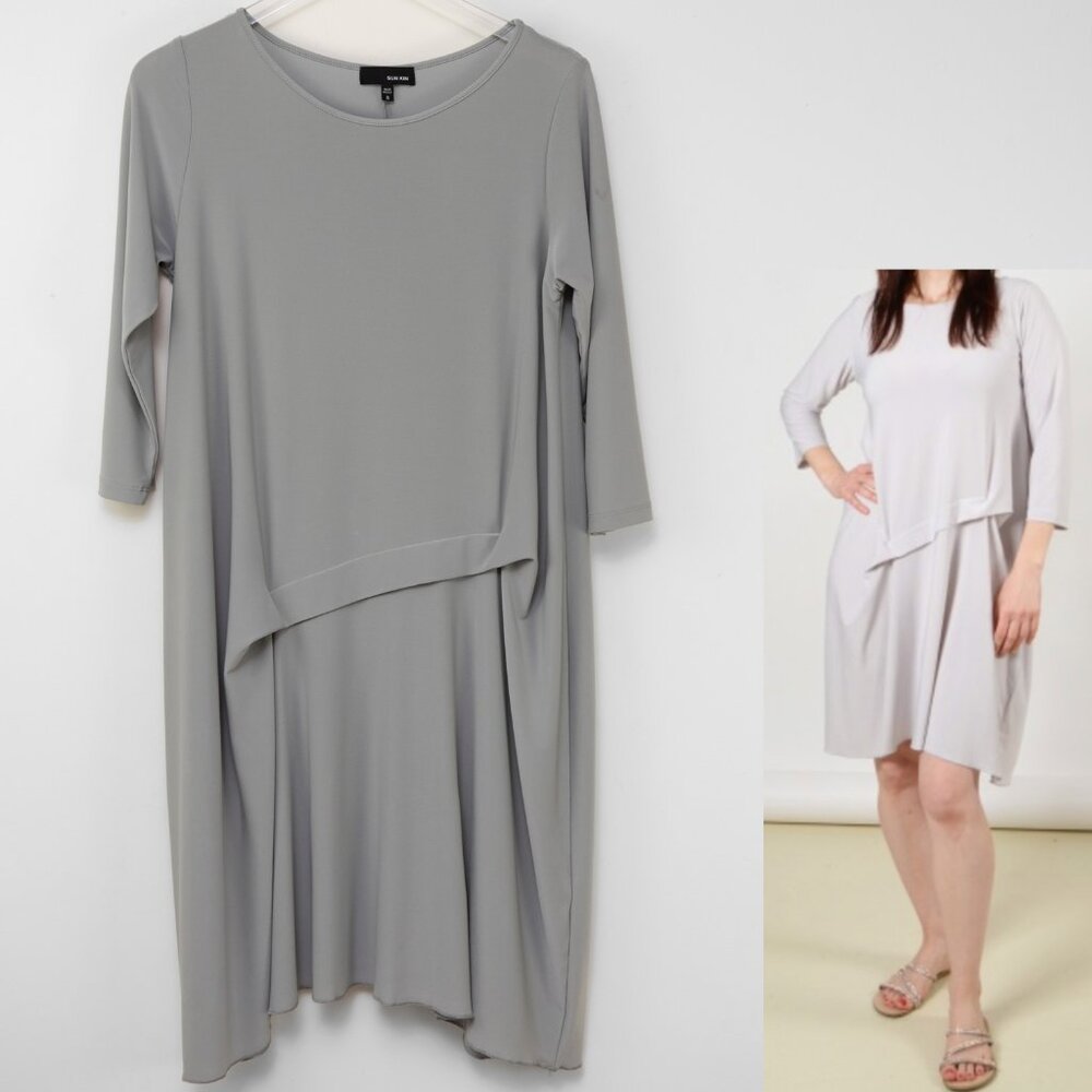 Sun Kim Caroline Dress Quarter Sleeve Lagenlook Above Knee Grey Size Small
